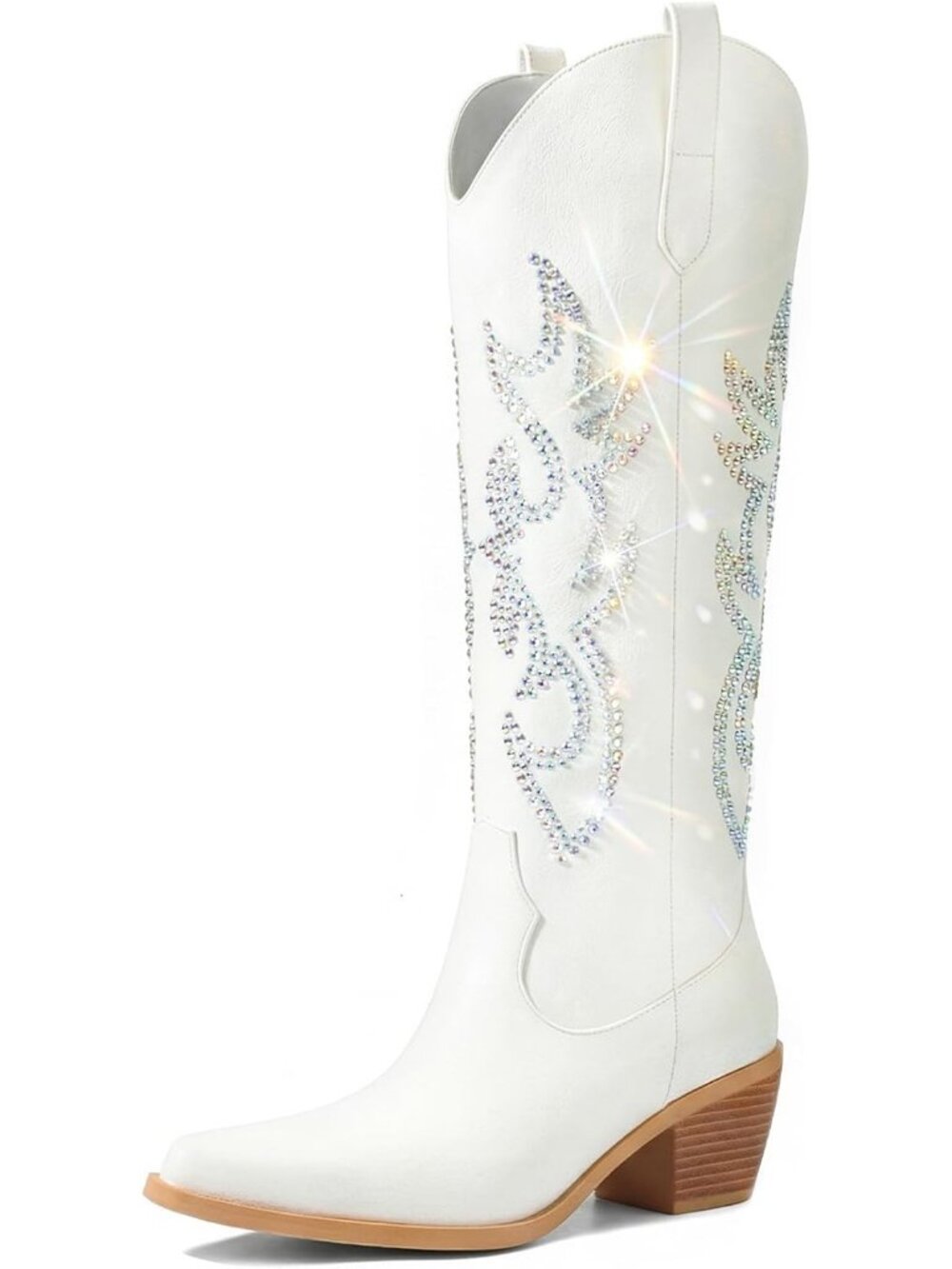 Women's Creamy Pointed Toe Chunky Knee High Wide Calf Western Cowgirl Tall Boot